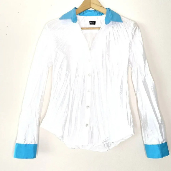 Beluva San Francisco Pleated Button Down Shirt Blouse White Blue Women's XS - Picture 1 of 10